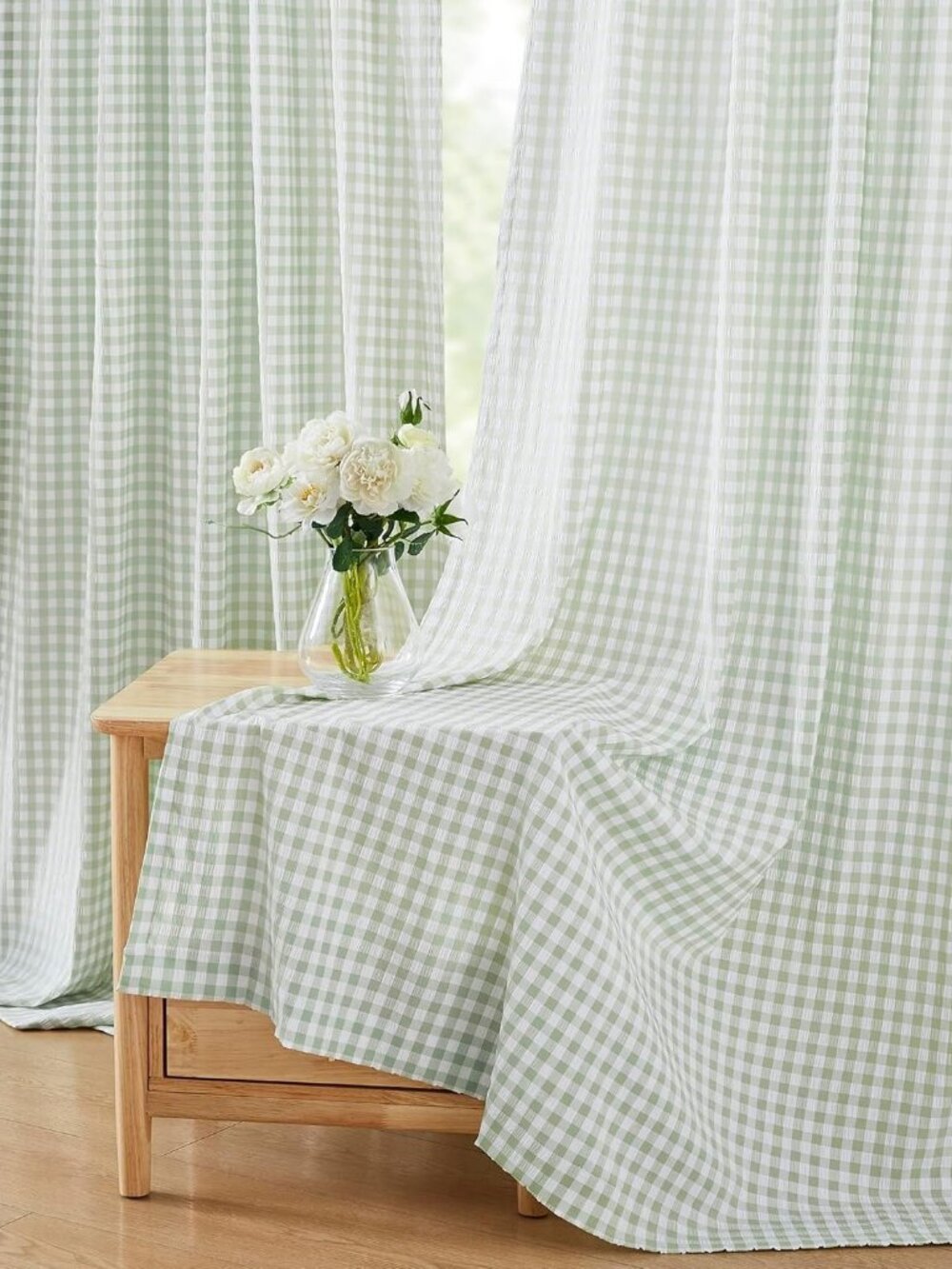 Buffalo Plaid Curtain Panels 63 Inch,Sage Green White Crinkled Not-See-Through S